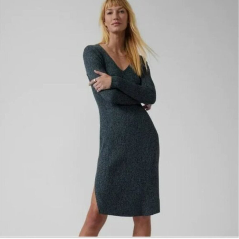 Athleta Reverie blue ribbed long sleeve fitted mini side slit sweater dress Sm